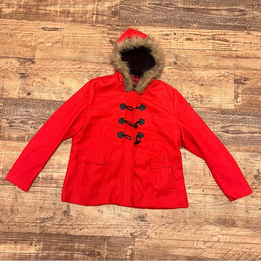 Yoki Red Toggle Pea Coat with Faux Fur Hood. zips and toggle closure